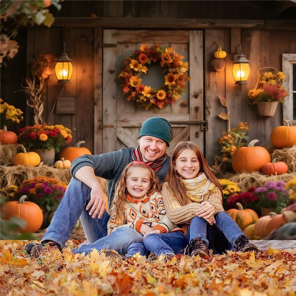 10x10ft Fall Backdrops for Photography Glitter Rustic Wooden Barn Door Fall Photo Backdrop Hay Bales Flowers Pumpkins Autumn Harvest Background Warm Thanksgiving Decorations for Outside