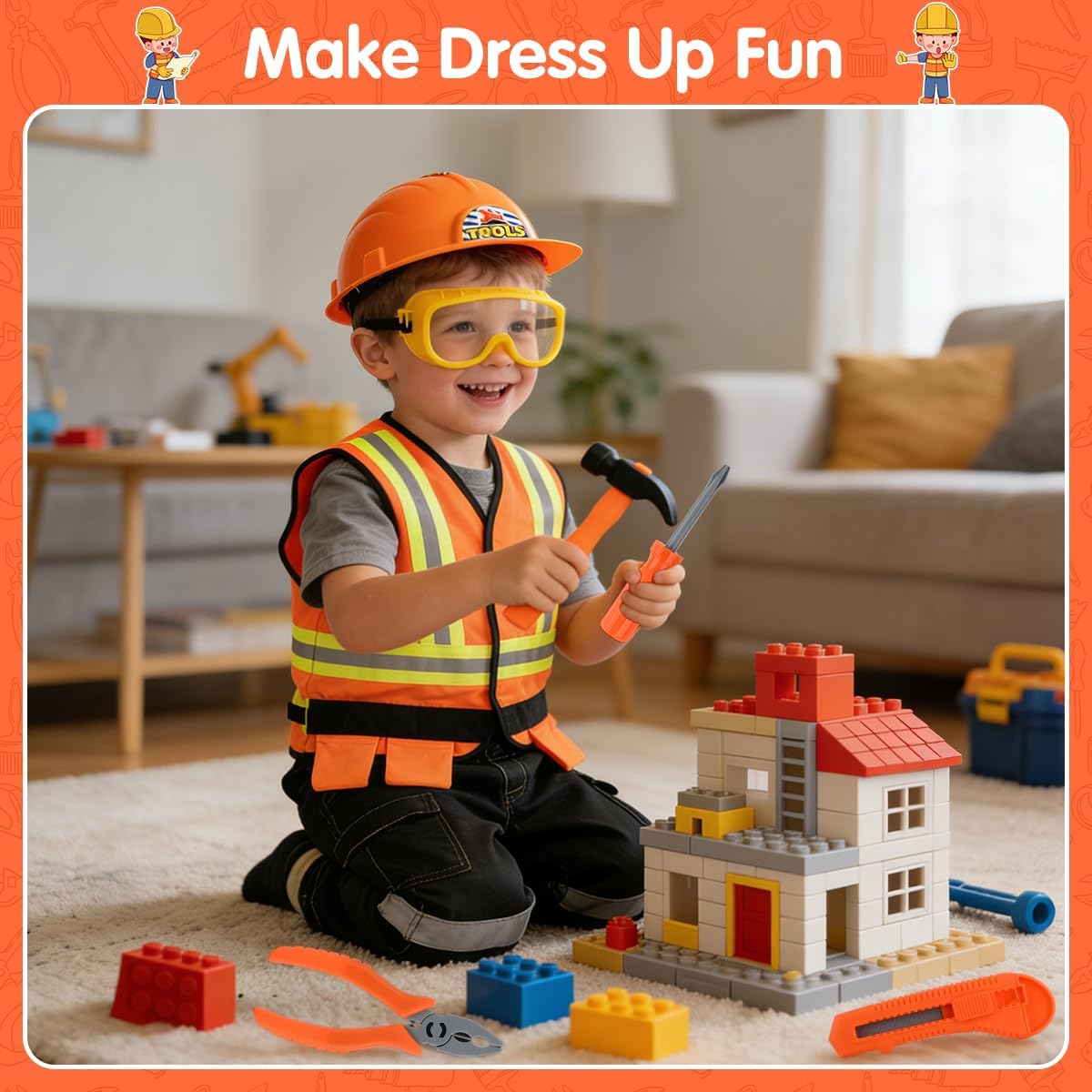Architect Role Play Costume Dress-Up Set for Kids, Builder Vest with Safety Goggles Protective Mask, Pretend Construction Worker Career Outfit for Toddler Boys Girls Ages 3-7, Halloween Role Play Toys