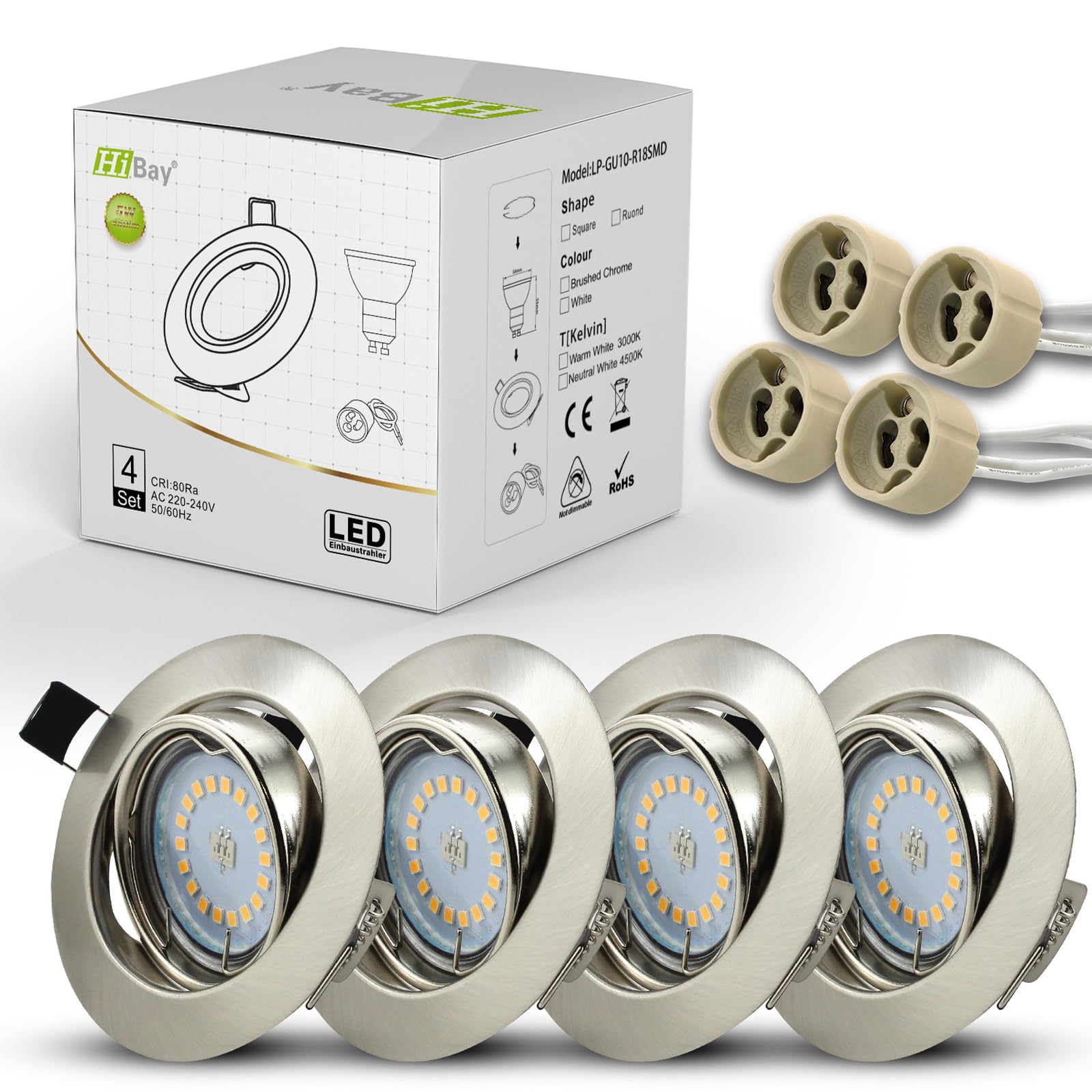 HiBay 10er LED Spot Set Einbaustrahler 230V GU10 Schwenkbar Einbauleuchte 68mm lochmaß Deckenspots Rund Einbauspot Inkl.5W Warmweiß Strahler