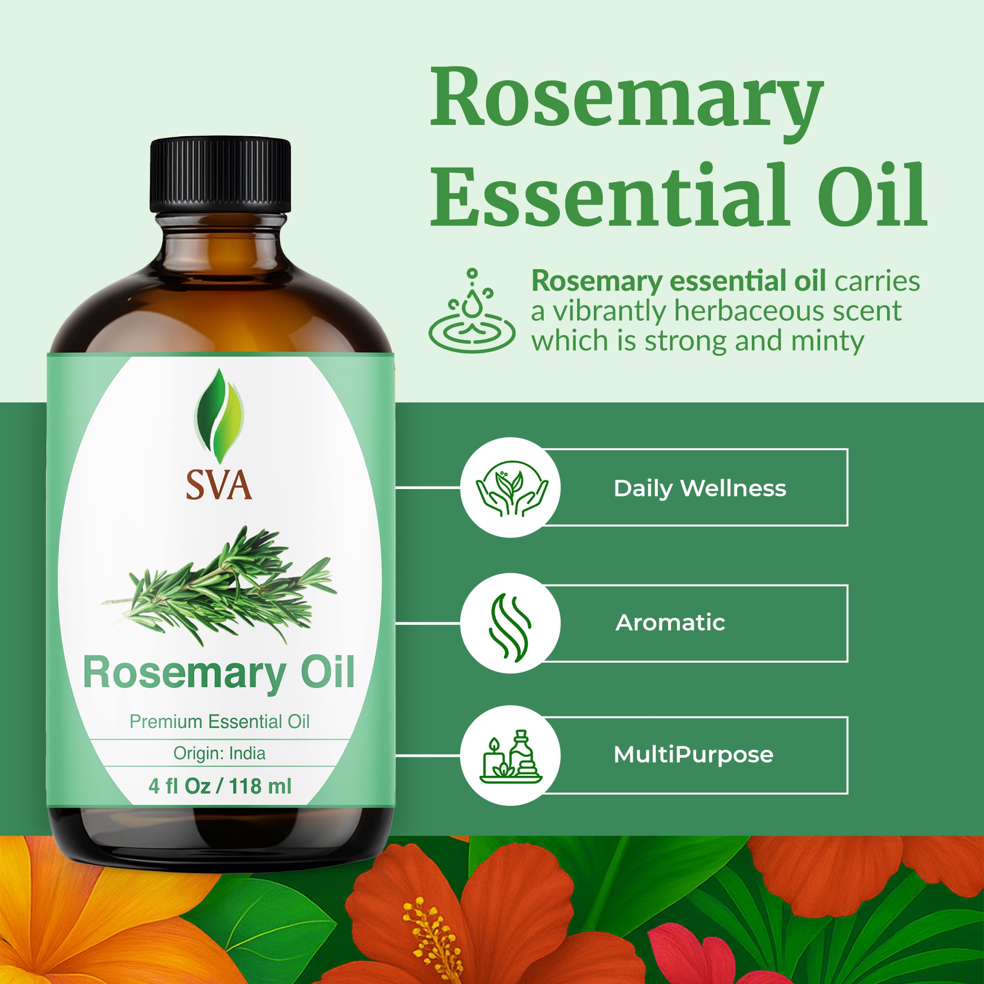 SVA ORGANICS Aceite esencial de romero orgánico USDA 4 oz 100% puro y natural, auténtico aceite de grado terapéutico premium para cabello, piel, masaje y aromaterapia 4 Fl Oz (paquete de 1)