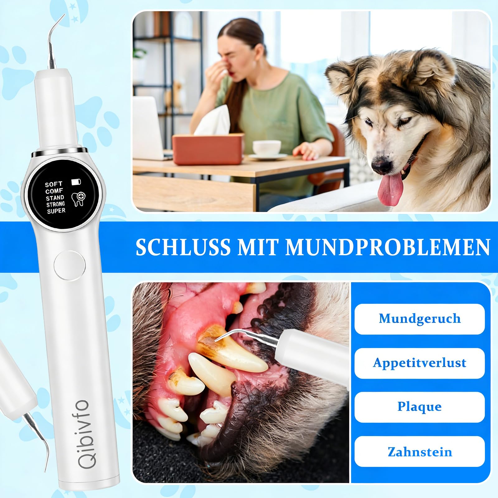 Eliminador de Sarro para Perros y Gatos, Kit Limpieza Dental Mascotas con 5 Modos, Quita Placa y Mal Aliento, Limpiador Dental Eléctrico con LED, Recargable