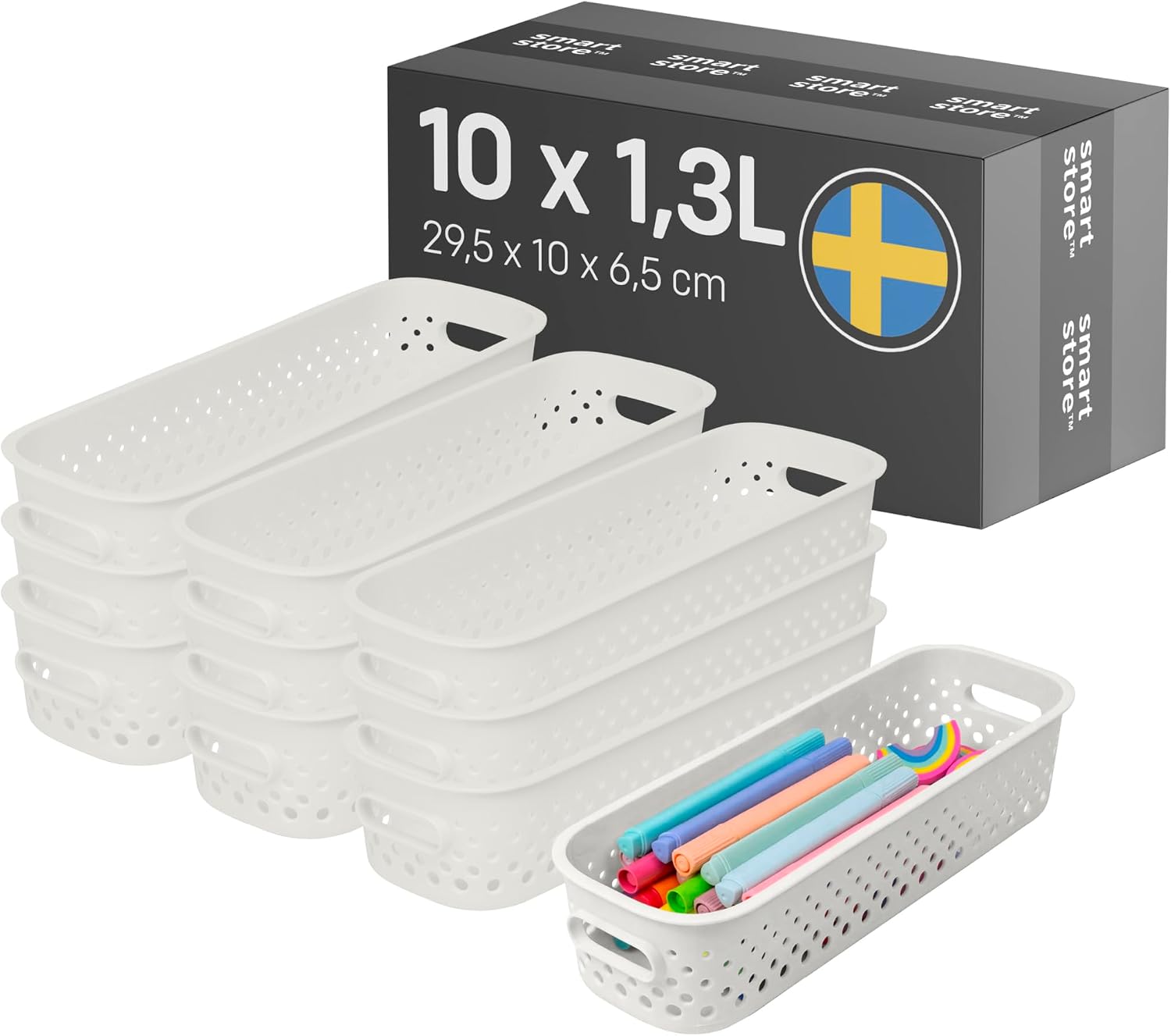 SmartStore Storage Basket with Handles in Off-White 10 x 1,3L (29,5x10x6,5cm) | Storage Bin From Recycled Plastic | Essence Slim Storage Box | Storage with 10-year Warranty