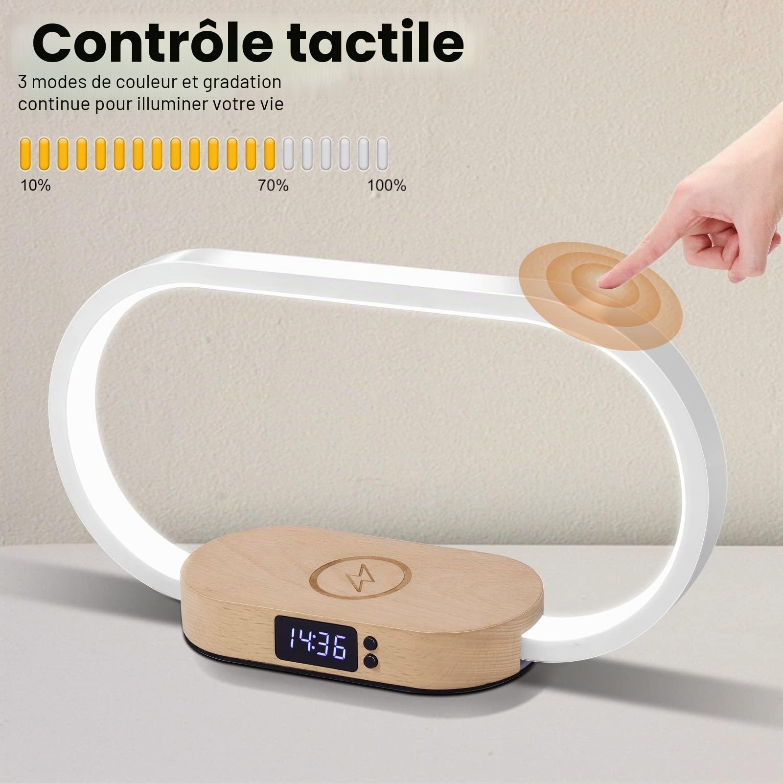 Lampe de Chevet Chargeur sans Fil 15W, Lampe Chevet Bois avec Horloge et Port USB, Lampe de Table Tactile Dimmable avec 3 Modes de Couleur pour Lecture Chambre Bureau, Bois&Blanc