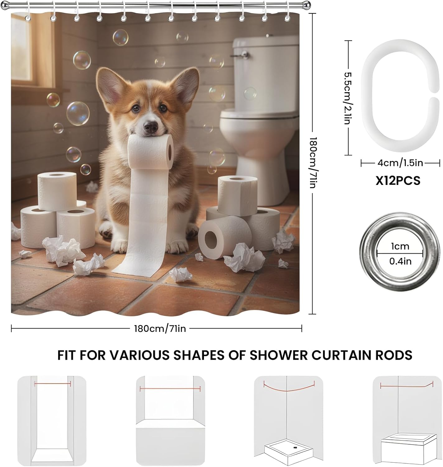 Humorous Corgi Dog Shower Curtain, Funny Puppy with Toilet Paper Pet‑Themed Bath Curtain, Waterproof Polyester Bathroom Decor with 12 Hooks, 71" x 71" image 3