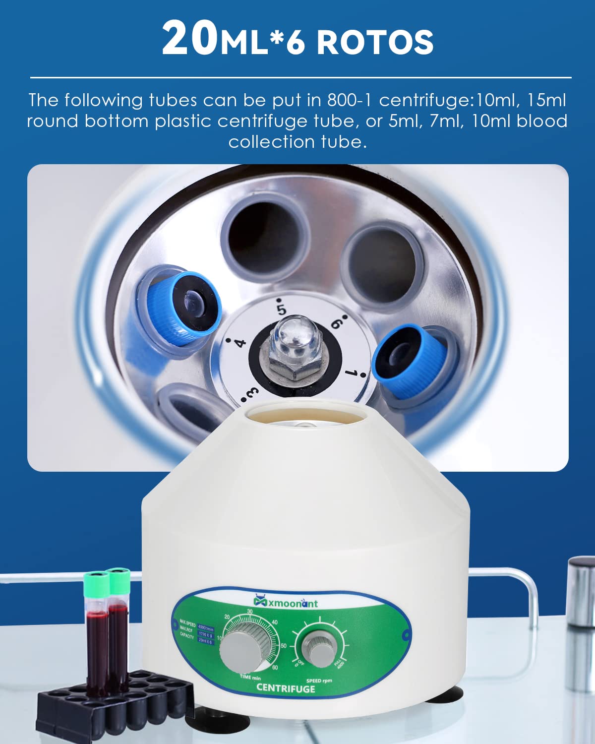 Mxmoonant Centrifuga da Laboratorio, 4000rpm, 6x20ml, 1790xg, 60min Timer, Adatta per Provette da 20ml/15ml/10ml/5ml, per PRP, Separazione di Campioni, Analisi Qualitativa (Spina UE)