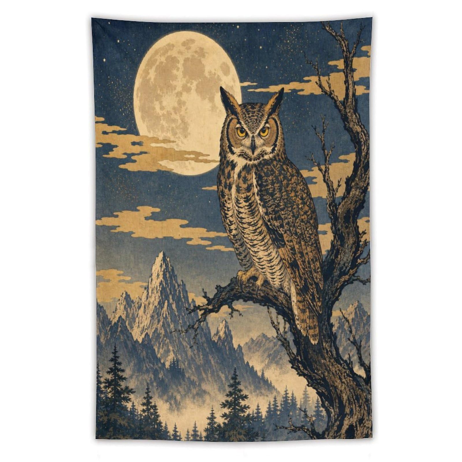 W7C8U2X3 Moon Owl on Branch Wall Tapestry, Realistic Illustration, Entryway
