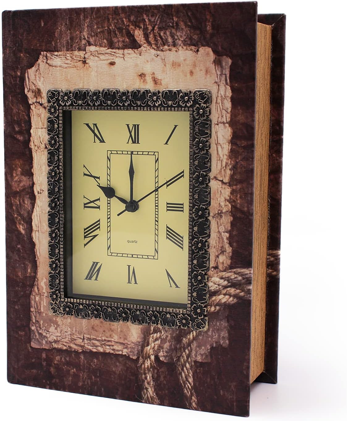 Leather Vintage Book with Clock,Wood Antique Faux Book safe,Hidden Secret Storage Jewelry Keepsake,Decorative Book (Square beige) - - 