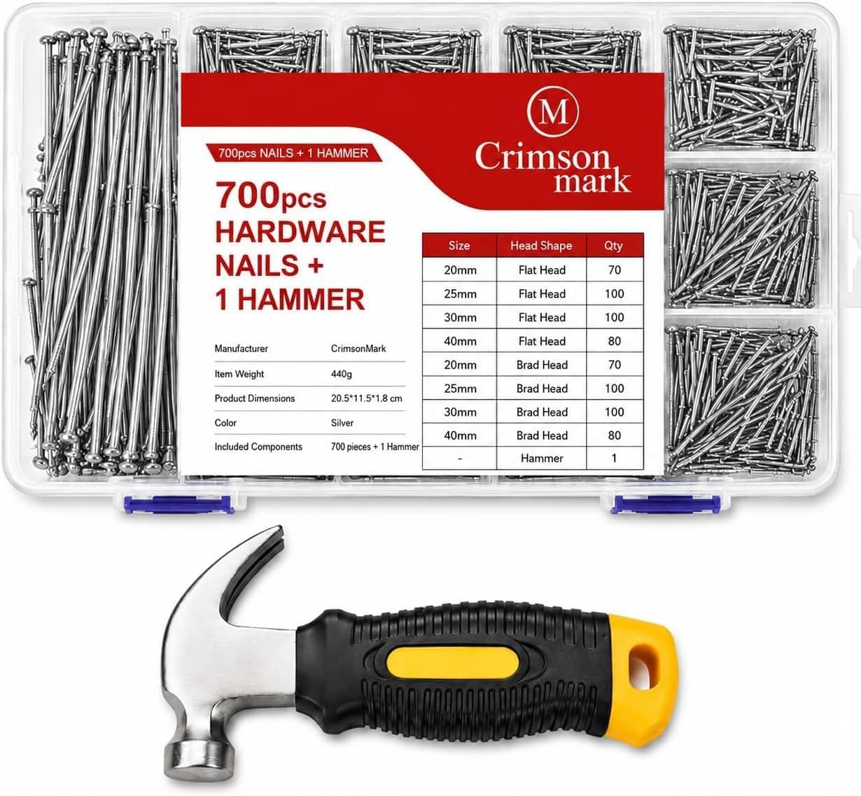 Nails Assortment Kit 700-Piece with Hammer - Galvanized Steel Hanging Nails