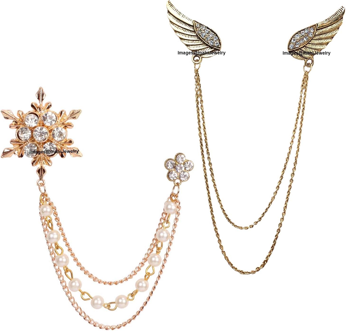 MahiCombo of Dual and Tripple Layer Floral Wings Chain Shervani Brooch with Crystals and Artificia Pearl for Mens and Boys (CO1105079M)