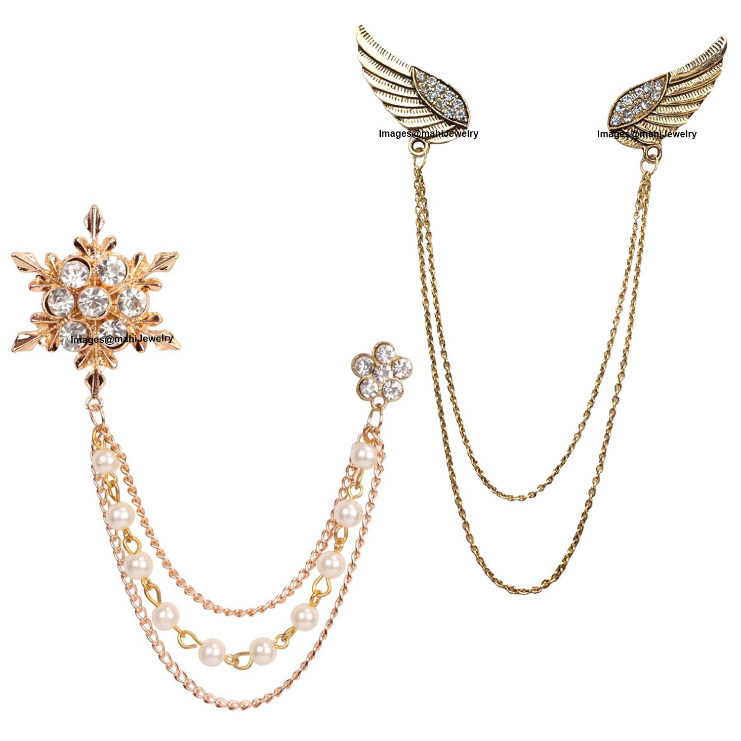 MahiCombo of Dual and Tripple Layer Floral Wings Chain Shervani Brooch with Crystals and Artificia Pearl for Mens and Boys (CO1105079M)