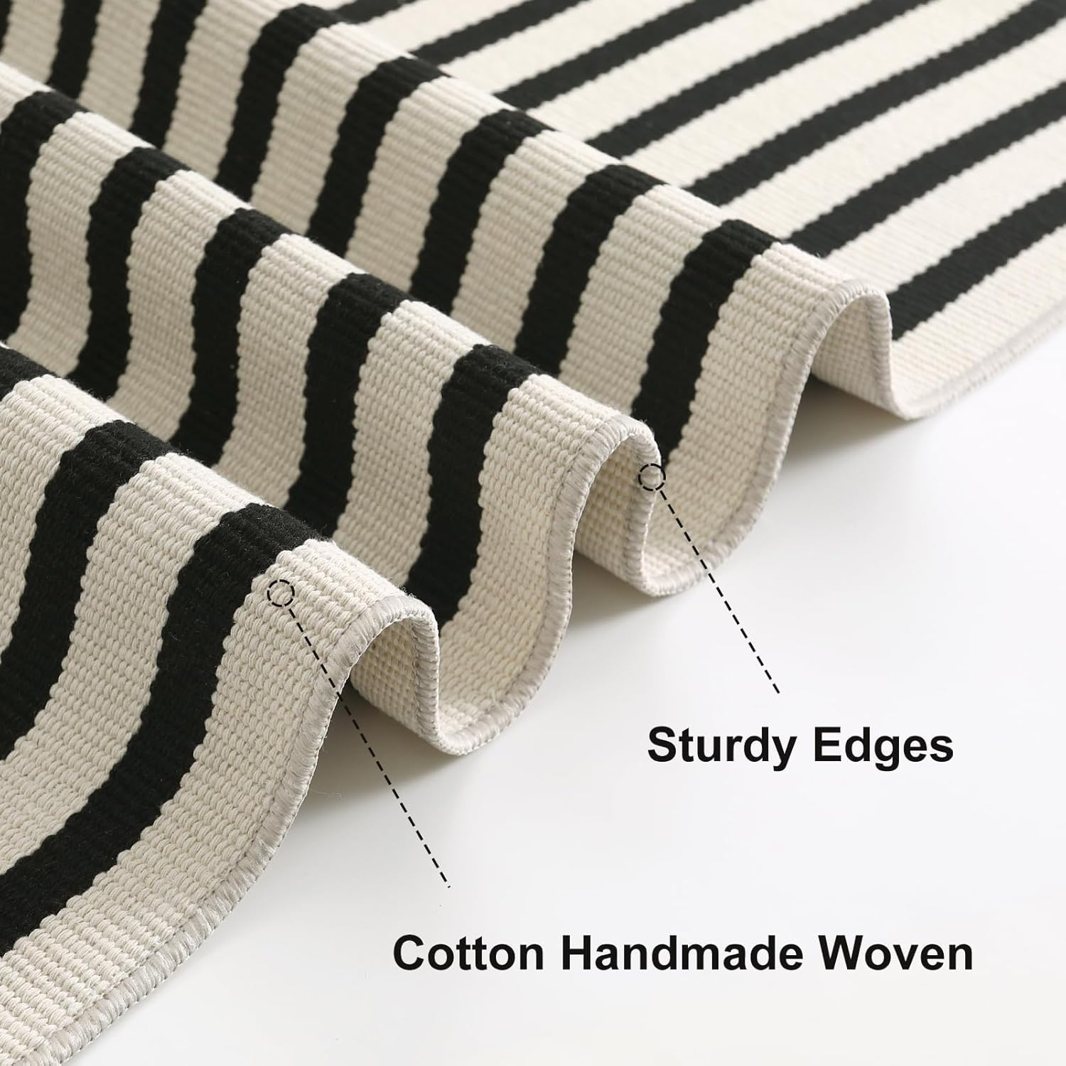 OJIA Outdoor Rug 3'x5', Front Door Mat Outdoor Entrance Machine Washable Rugs Cotton Hand Woven Striped Entryway Rugs Indoor Door Mat Black and Cream White Area Rug for Porch/Backyard/Outside Decor