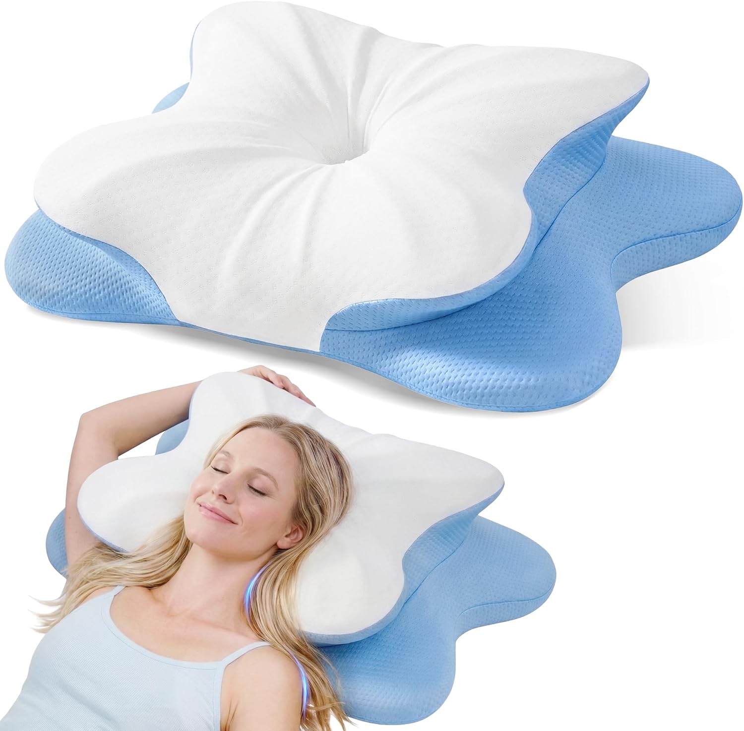 RAINBOW NOTE Ergonomic Contour Memory Foam Pillow, Adjustable Height Cervical Pillow for Neck Pain Relief, Blue White, 24×16.5×5.5 Inches