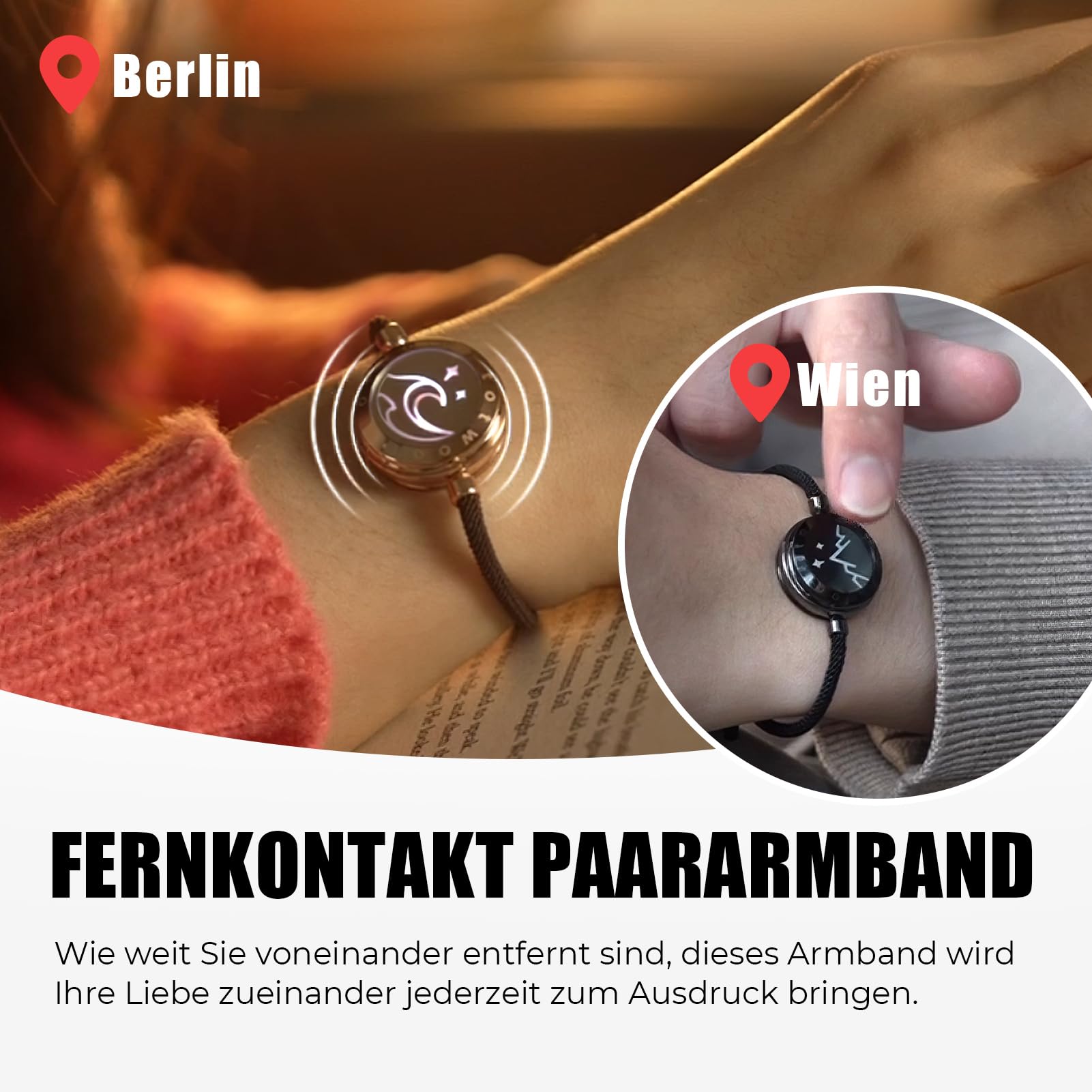 TOTWOO Braccialetti di Coppia con Funzione Touch e Vibrazioni via Bluetooth - Regalo per Coppie a Lunghe Distanze con Illuminazione, in Acciaio Inossidabile