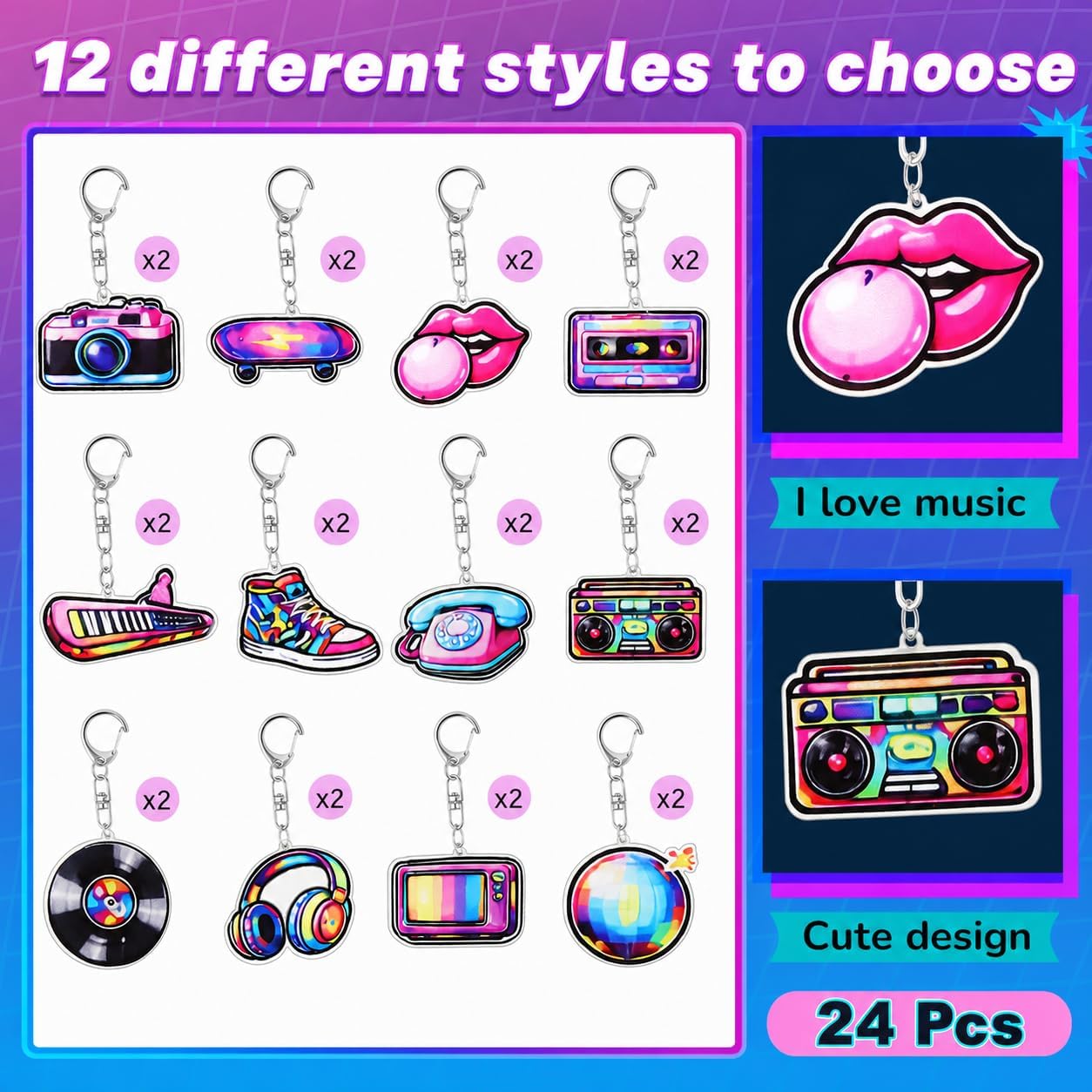 BLMHTWO 24PCS 80s Party Favors Keychains, Acrylic Music Themed Keychains 80s Retro Hip Hop Party Decorations Keyrings for 1980s Music Themed Favors Birthday Gifts