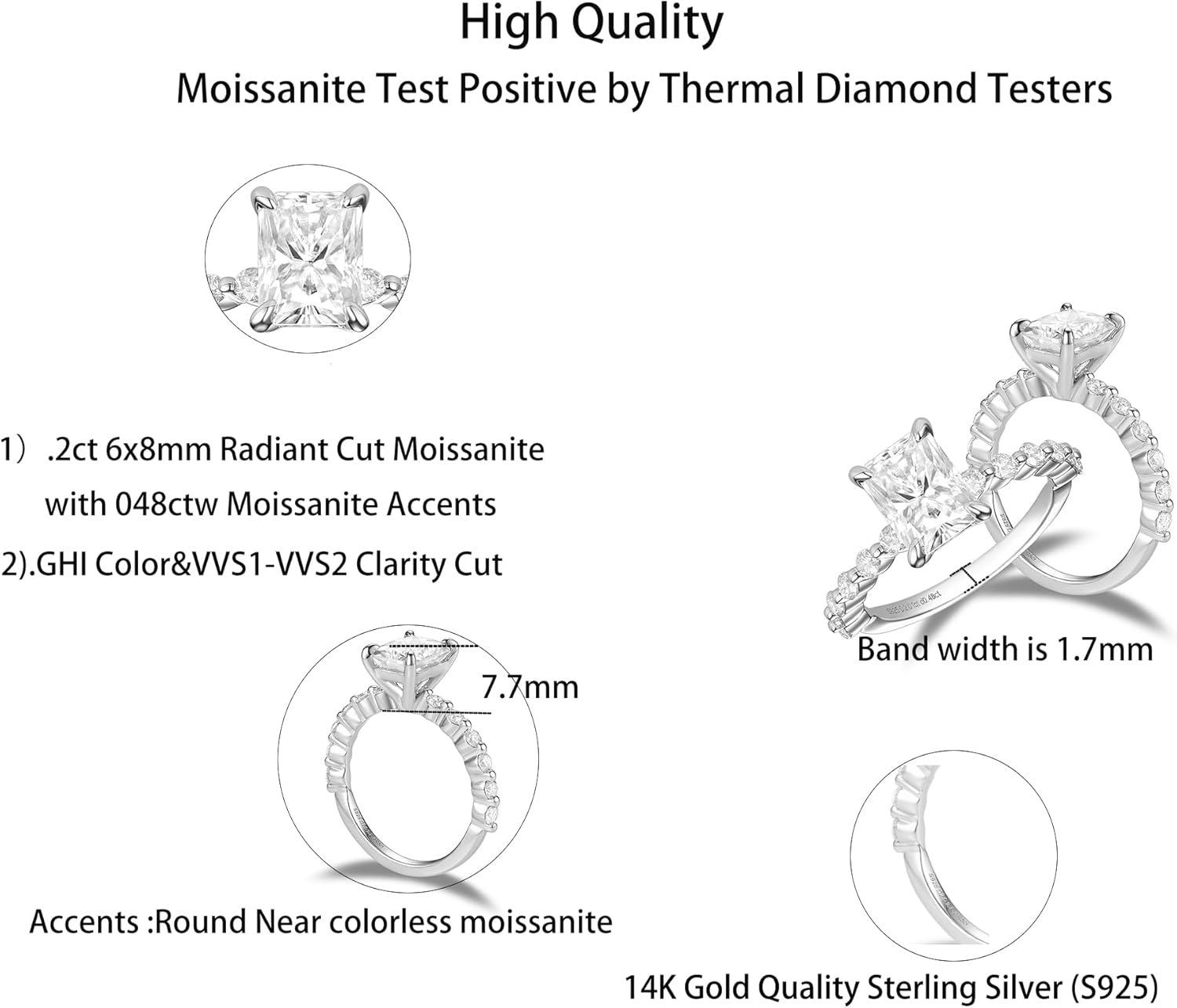 DovEggs Moissanite Engagement Rings for Women Moissanite Rings 2ct F-G-H Color Radiant Cut Moissanite Wedding Rings Anniversary Sterling Silver with 18K White Gold Plated