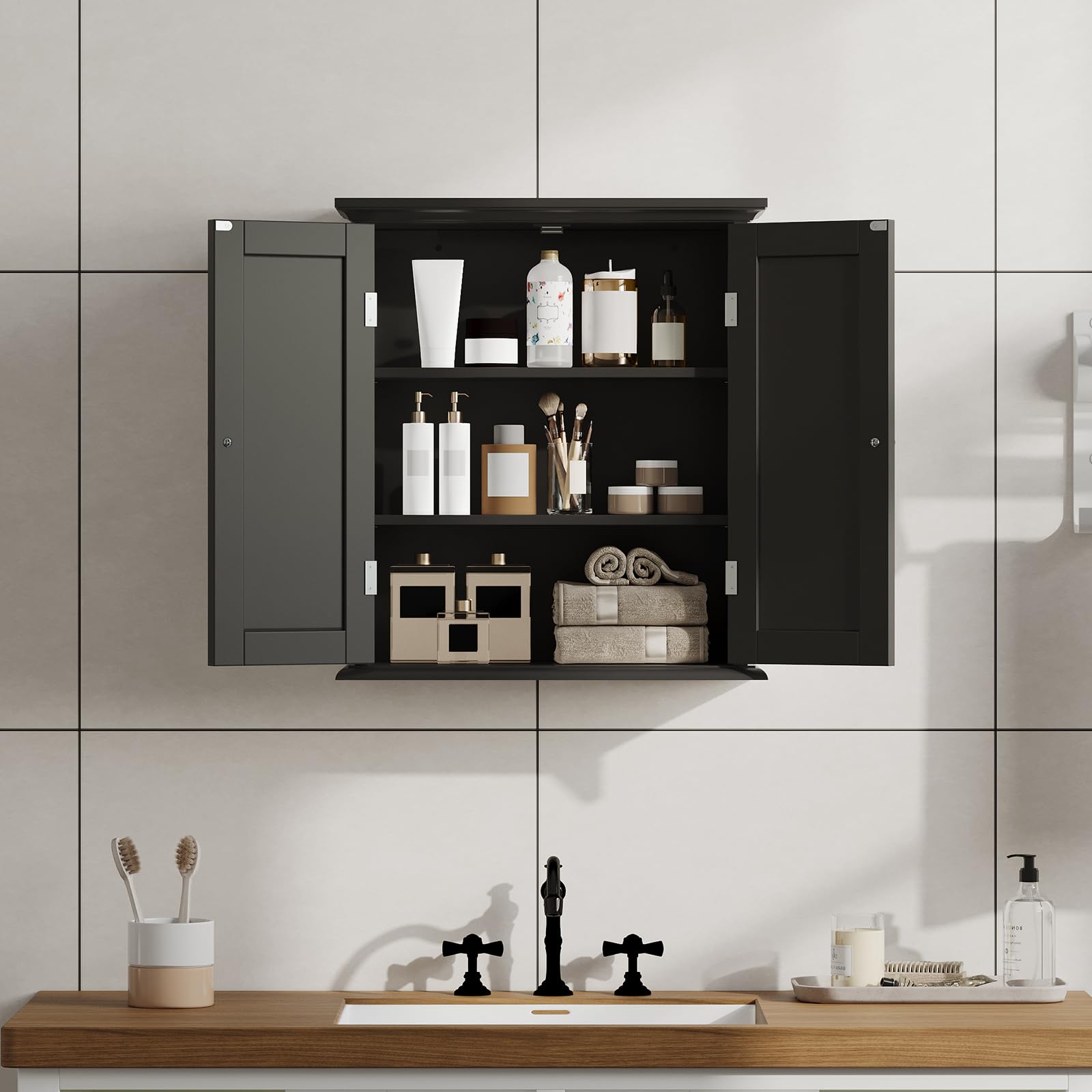 Mueble Baño Colgar Armario Pared Baño con 2 Puertas, Estante 3 Niveles Ajustable, Estilo Moderno, Ahorro Espacio para Baño, Cocina y Lavadero, Negro