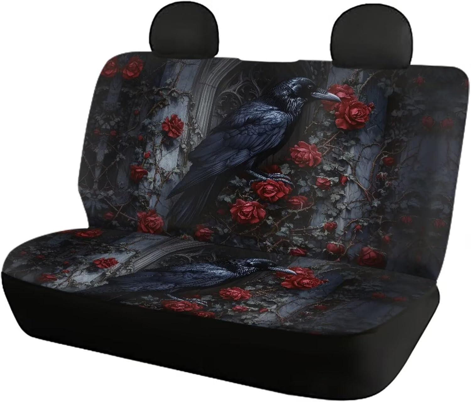 Raven Rose Print Car Seat Cover 4 Pieces Wear-Resistan Vehicle Seat Protectors Washable Split Bench Rear Seat Fits Most Auto SUVs Trucks Vans