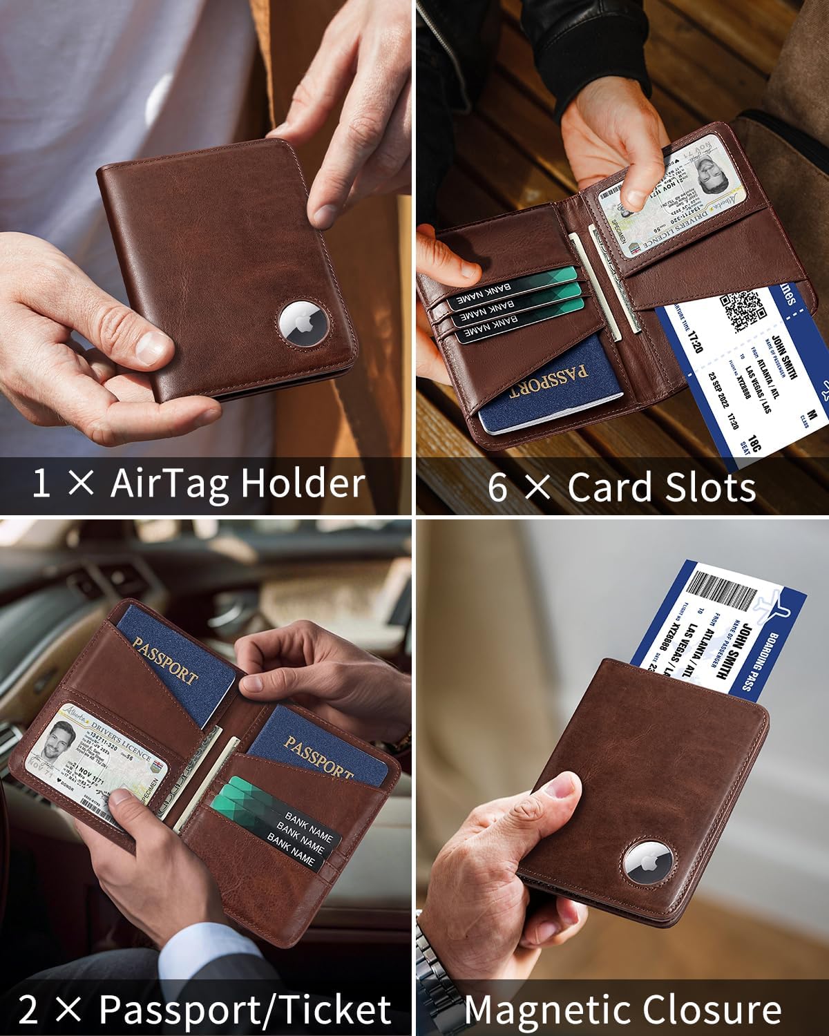 Passport Holder for Travel with AirTag Holder-Genuine Leather RFID Blocking Travel accessories with 6 Cards Slot&1ID Window,Magnetic Closure,Gift Box(Air Tag Not Included) - Image 2