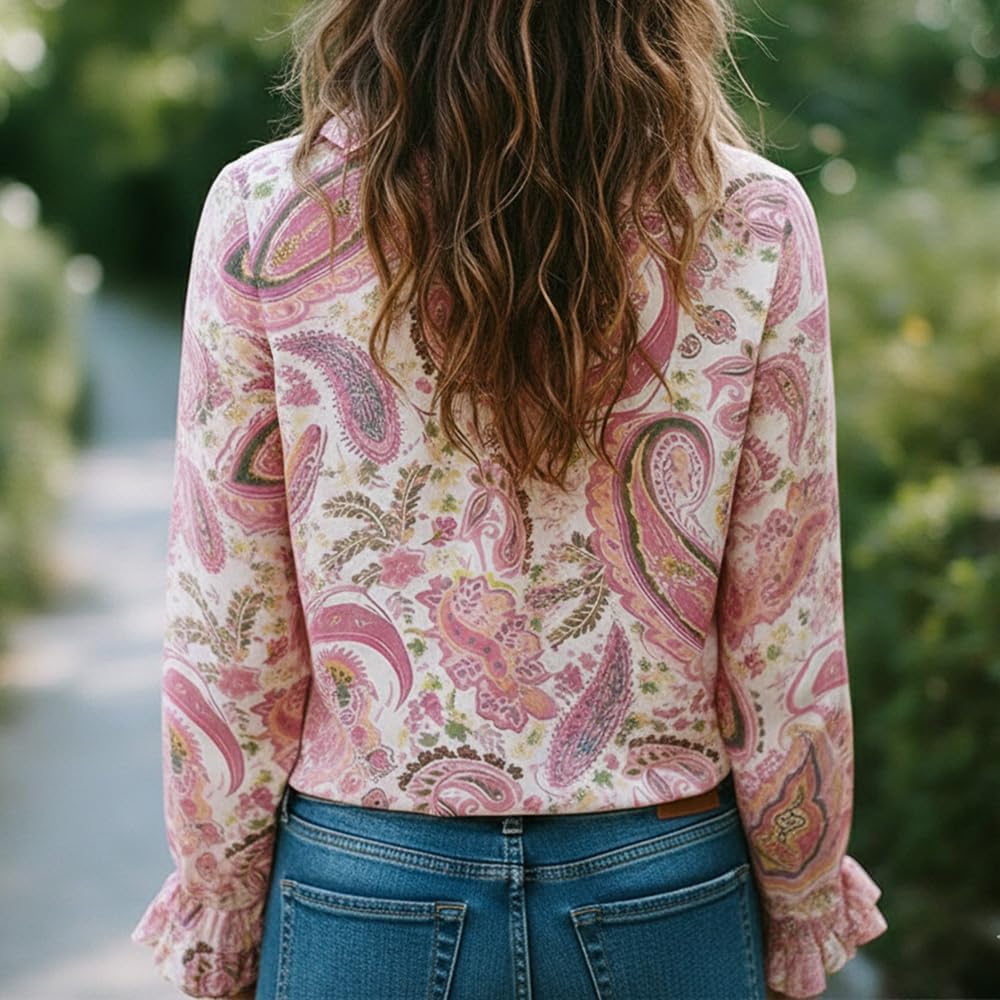 Women's Pink Paisley Floral Print Blouse Ruffled Collar Cuff Long Sleeve Button-Down Shirt Boho Casual Top