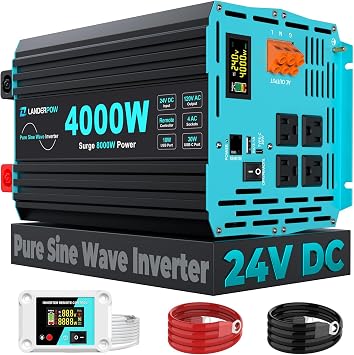24V DC to 120V AC 4000 Watt Pure Sine Wave Inverter for RV, Truck, Solar, Home, Off-Grid, Power Inverter with 4 AC Outlet, 30W Type-C, 5V 3.1A USB, Hardwire Port, Remote Control, Surge 8000W