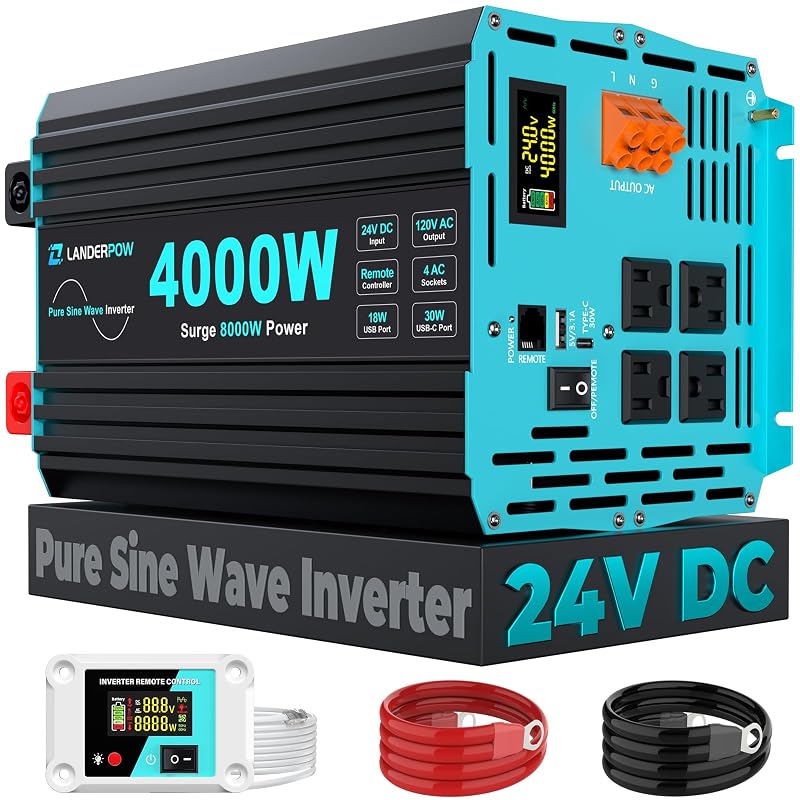 Inversor LANDERPOW 24 V CC para 120 V CA, onda senoidal pura, 4.000 W, 4 tomadas, USB, Type-C e controle remoto