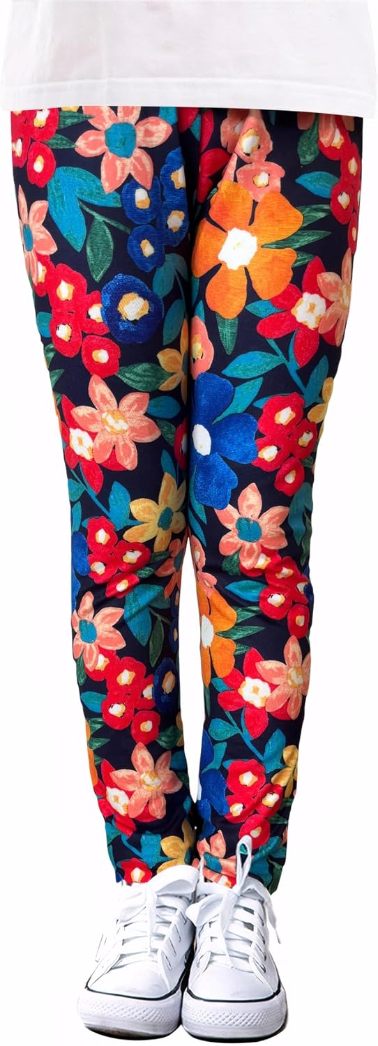 3-Pack Girls' Printed Full Length Leggings, Soft Stretch Active Pants for Toddlers Kids 3-10 Years