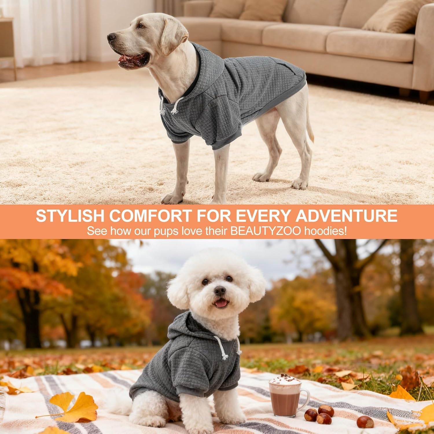 BEAUTYZOO Dog Hoodie with Leash Hole and Pocket,Dog Sweaters for Small Medium Large Dogs Boys Girls,Waffle-Like Laminated Cotton Warm Outfits for French Bulldogs, Pitbull, Winter Puppy Clothes Jacket