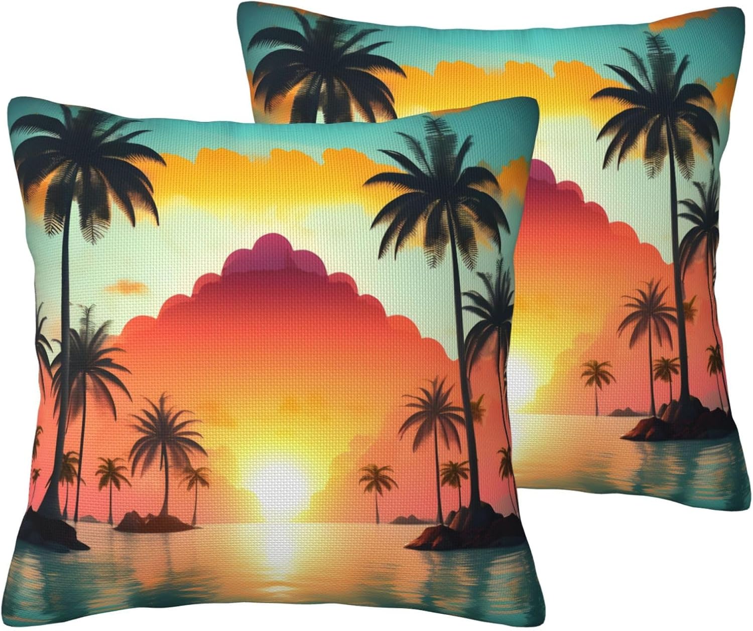 Sunrise Tropical Palm Tree Island Imitation Linen Pillowcase -2 Sets, Fashionable Home Decoration, Used for Sofas, Gardens, beds