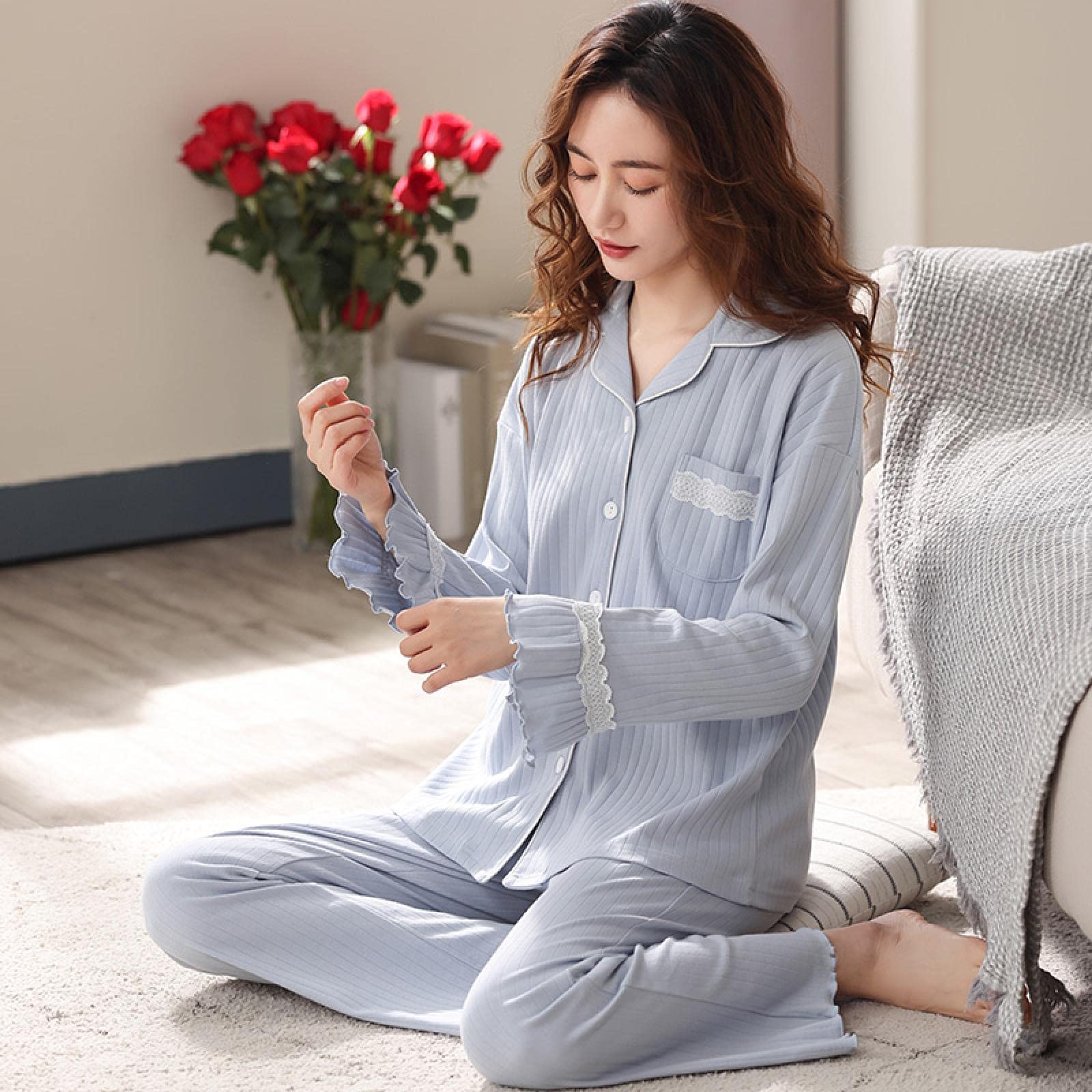 Un Pijama Cómodo Pijamas De Mujer Pijamas De Mujer Pijamas De Mujer Conjuntos De Pijamas De Algodón 100% 2 Piezas Pijamas Ropa De Dormir Femenina para El Hogar Casual,White-XXL