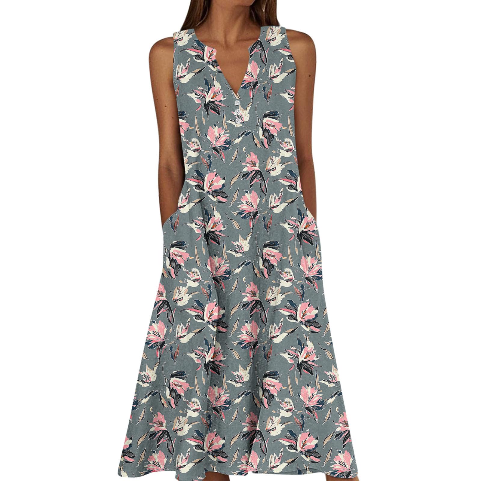 Summer Floral Print Midi Dresses for Women Boho Sleeveless V Neck Tank Dress Beach Vacation Sundress with Pockets — view 10
