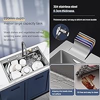 Vista 7 de Fregadero de cocina empotrado o empotrado, color negro, de acero inoxidable 304, Nano Raindance, con lavaplatos y grifo extraíble, fregaderos