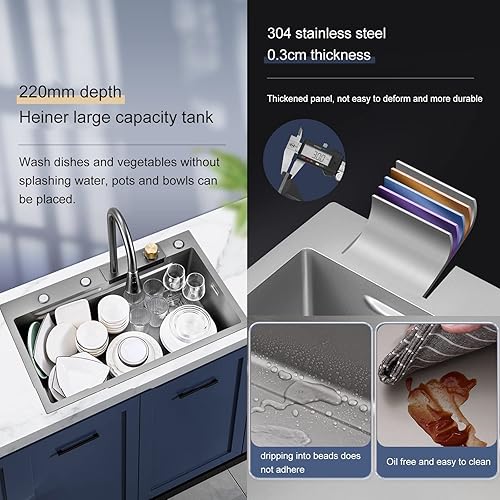 Miniatura 7 de Fregadero de cocina empotrado o empotrado, color negro, de acero inoxidable 304, Nano Raindance, con lavaplatos y grifo extraíble, fregaderos de