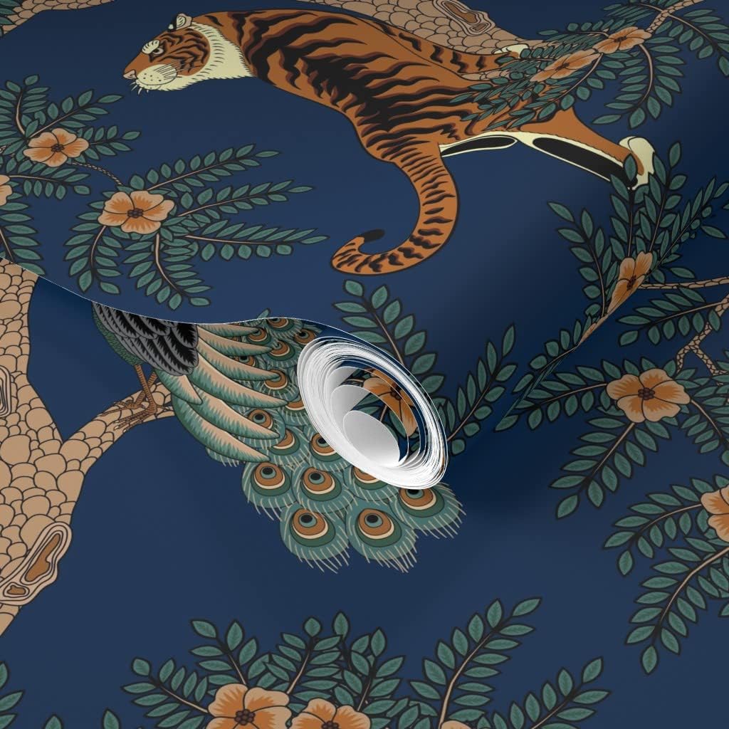 Spoonflower Removable Wallpaper 3ft x 2ft - Bird Asian Flowers Floral Chinese Tree Animals Tiger Peacock Blue Custom Pre-Pasted Wallpaper