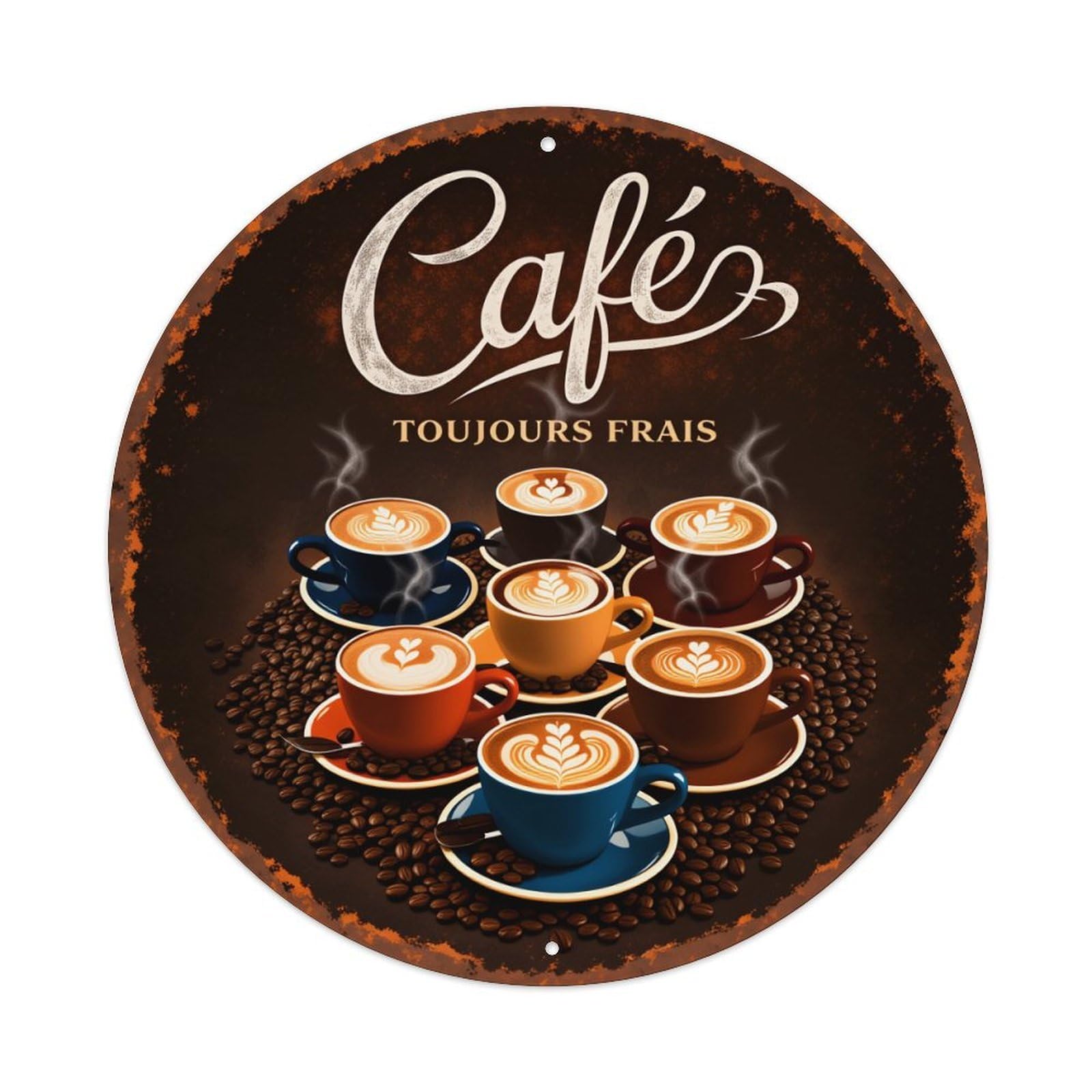 Cafe Coffee Beans Cups Latte Art Steam Freshness Round Vintage Tin Sign,Retro Wall Art,Metal Poster for Home, Bar, Garage, Cafe, Rustic Indoor & Outdoor Decor, 8x8 Inches