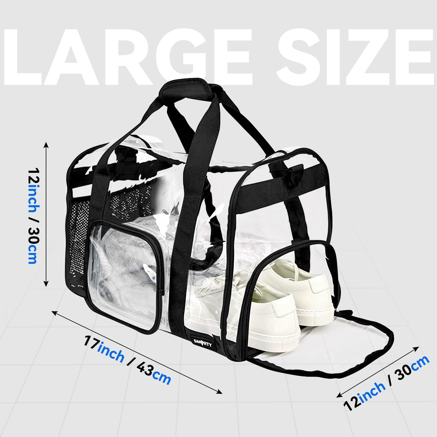 Large Transparent Bag with Shoe Compartment, Transparent Gym Bag with Adjustable Shoulder Strap for Home, Travel and Sporting Events - Black - Image 2