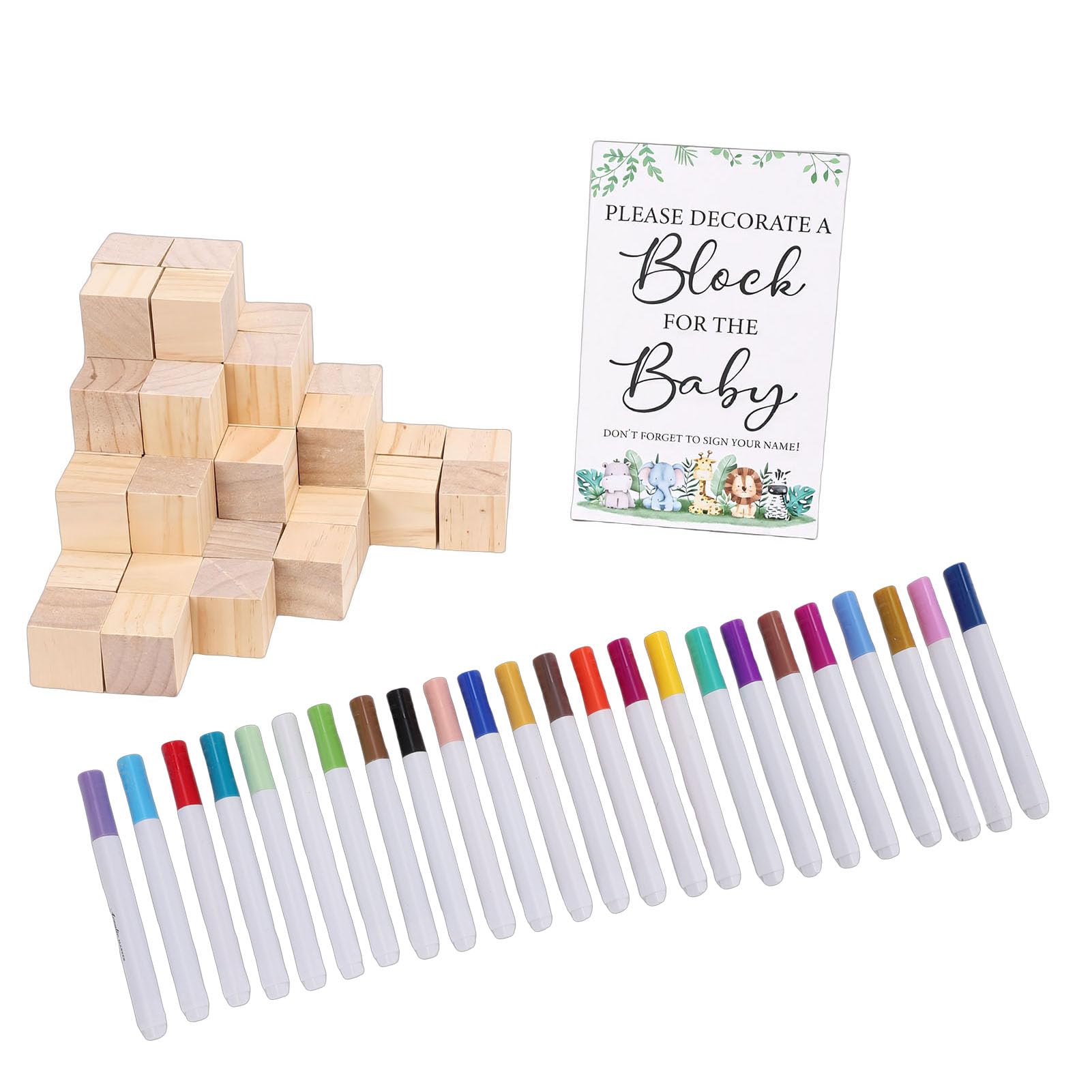 Tissting Kit Giochi per Baby Shower 75 Pezzi - Blocchi in Legno da Decorare con 24 Pennarelli Acrilici per Feste di Rivelazione del Sesso, 3.5x3.5x3.5cm (1.38x1.38x1.38in) ciascuno