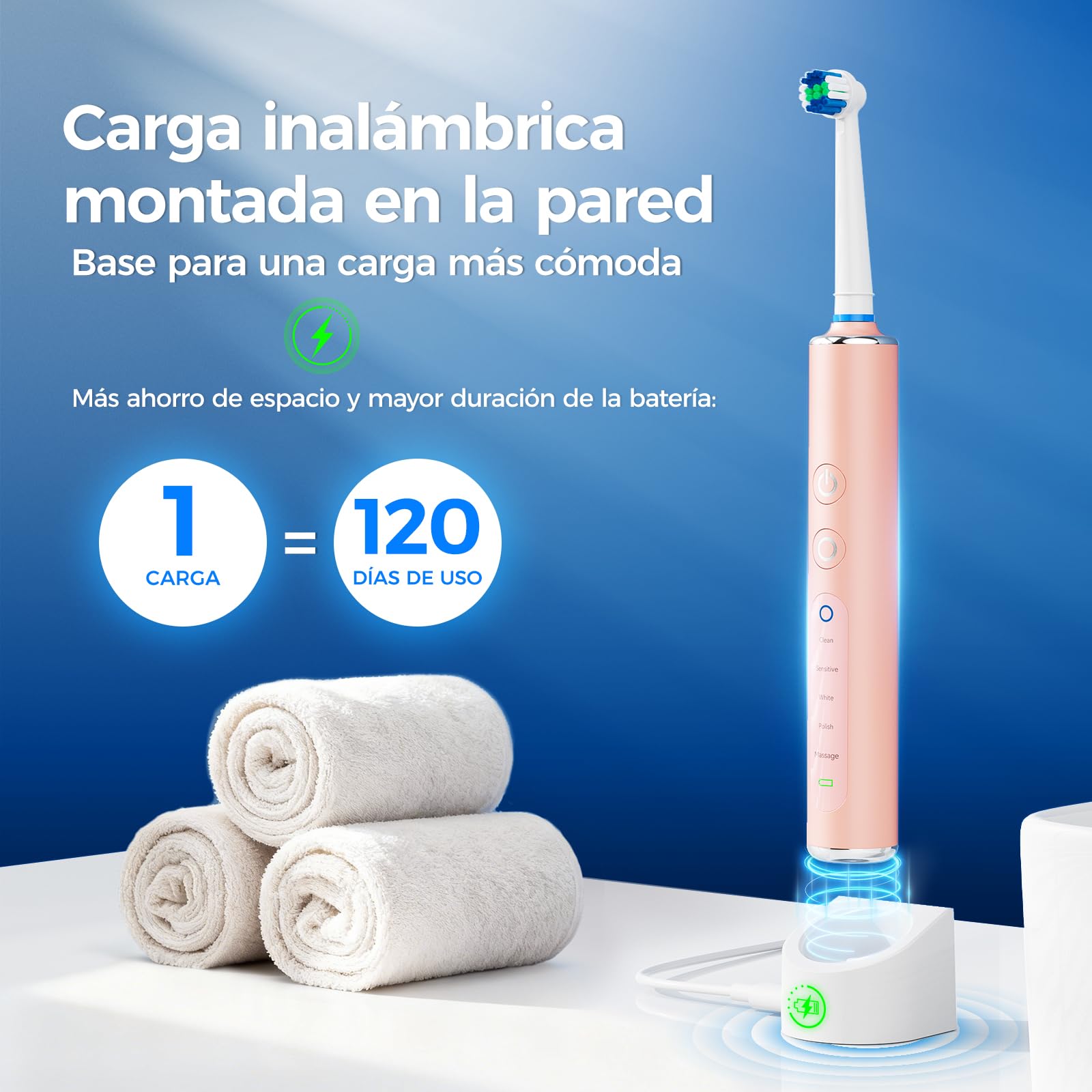 Cepillo de dientes eléctrico rotatorio con cabezal redondo, 3 intensidades y 5 modos, cepillo eléctrico con 8 cabezales, temporizador 2 minutos, IPX7, batería hasta 120 días, estuche de viaje