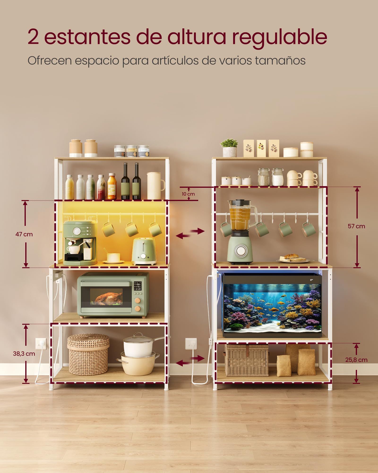 VASAGLE Estantería de Cocina con LED, para Microondas con Regleta, Estantes Ajustables, 8 Ganchos, 40 x 80 x 168,4 cm, Roble Dorado y Blanco Mate KKS050YA01