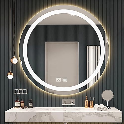 Espejo redondo iluminado LED, espejo retroiluminado de baño de 24 pulgadas, montado en la pared con 3000 K4000 K6000 K ajustable, antivaho y botón