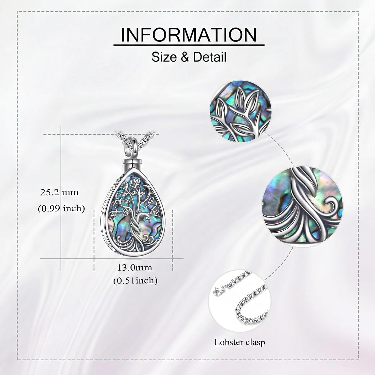 Urn Necklace for Ashes 18k White Gold Plated Abalone Shell Family Tree Keepsake Cremation Pendant Memorial Jewelry for Women