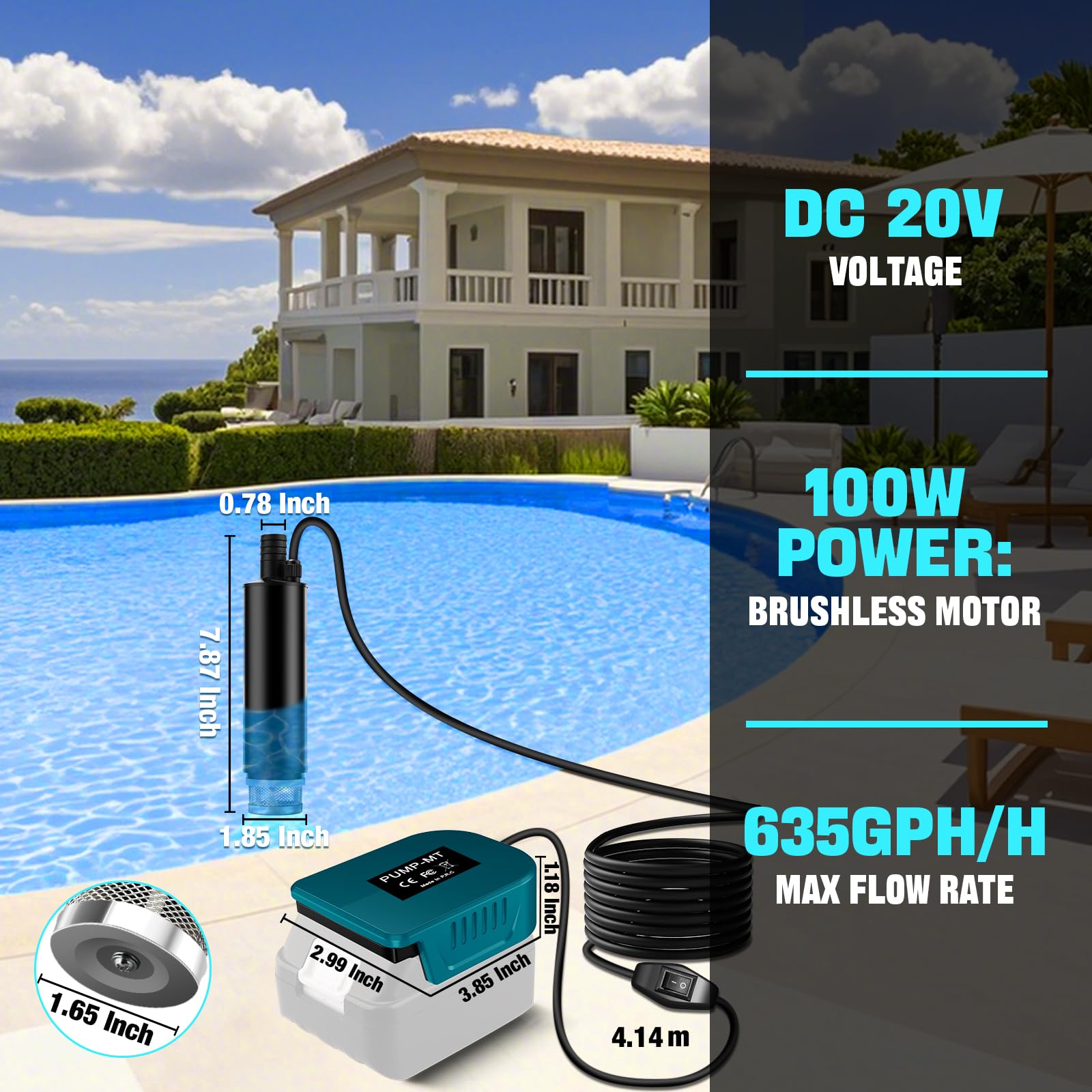 TPDL Pompa per bagno/acqua, compatibile con batteria Makita da 18 V, pompa di trasferimento da 120 W, 12 V, con cavo da 5 m, pompa di aspirazione per olio, pompa sommergibile per Gardena, piscina da