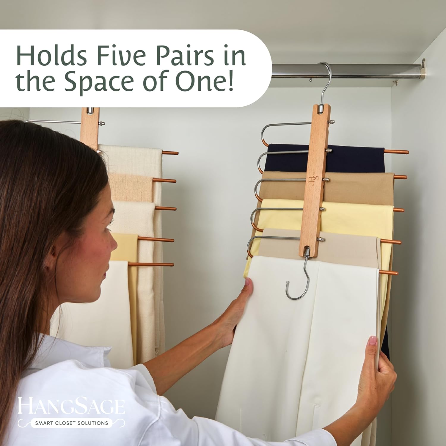 HANGSAGE Pants Hangers, 1-Pack Space-Saving Beechwood & Metal Jean Holder, 5-Tiers, 360° Swivel Hook & Non-Slip Rods, Elegant Closet Organizer