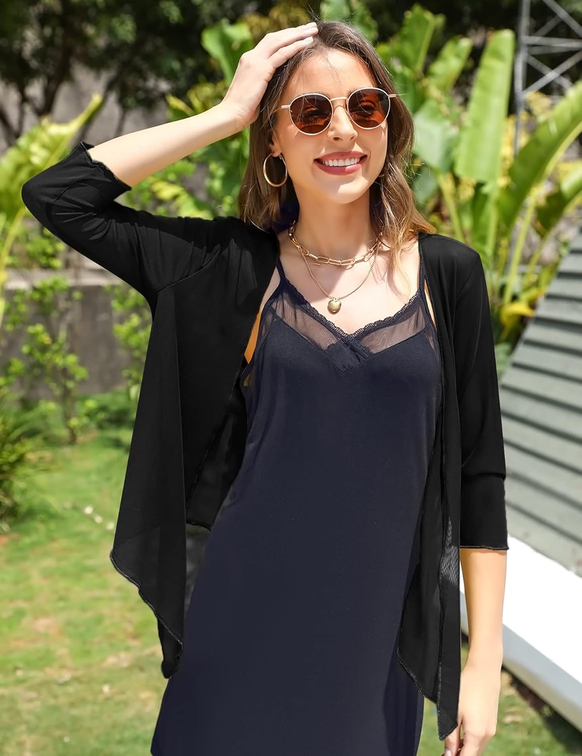 Aiboria Womens 3/4 Sleeve Shrug Sheer Mesh Bolero Tie Front Cropped Cardigan S-XXL - Image 5