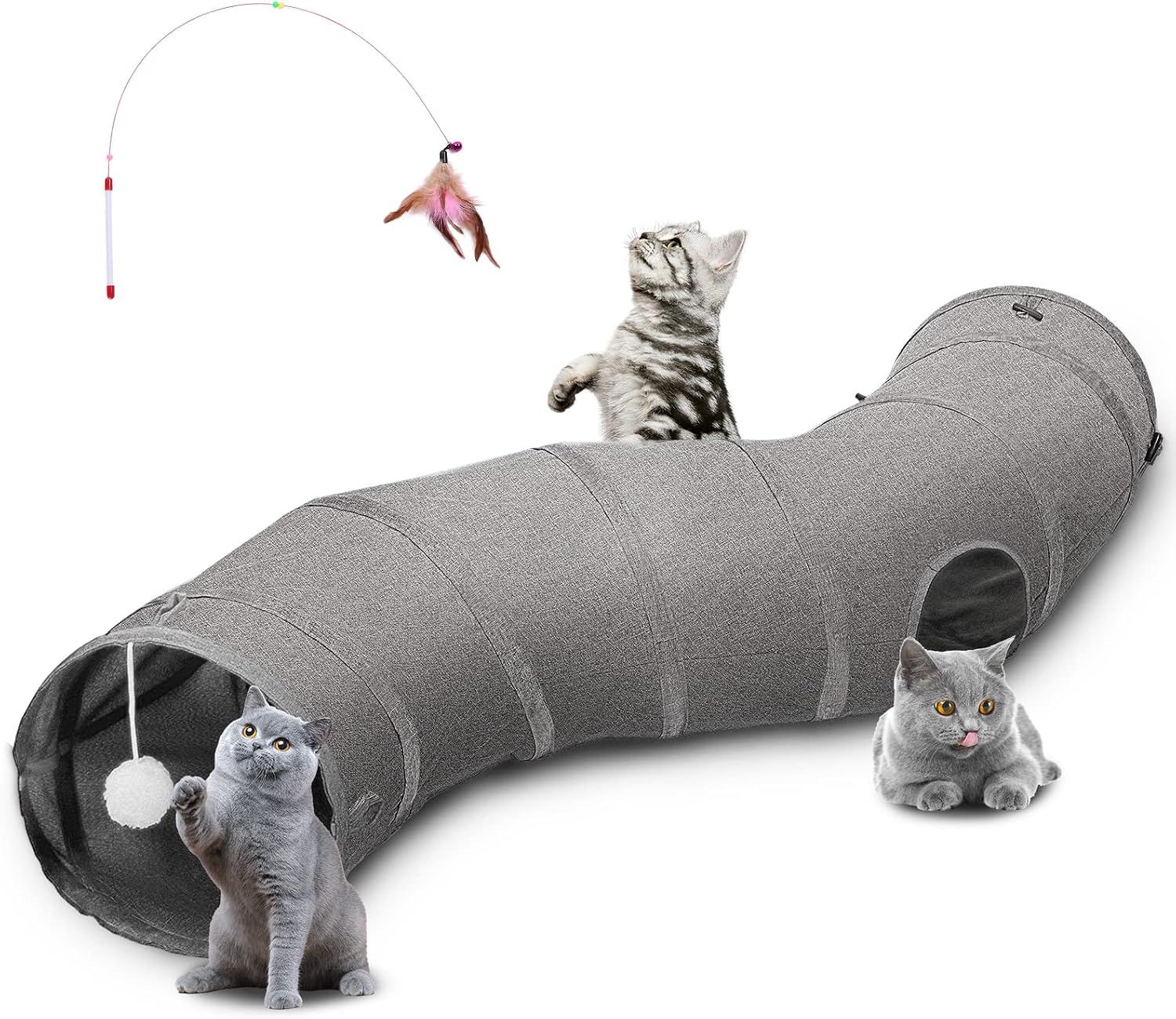 Ownpets Katzentunnel aus robustem Oxford-Gewebe S-f rmige Faltbare Katzentunnel f r drinnen interaktive Aussichtsloch-Haustier-Tunnelschl uche mit Katzenstabspielzeug