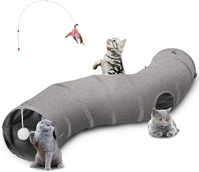 Ownpets Cat Tunnel S-Shape with Hanging Balls, 2 Way Collapsible Small Animal Play Tubes Kitty Tunnels for Indoor Kittens&Small Animals, 25x120cm