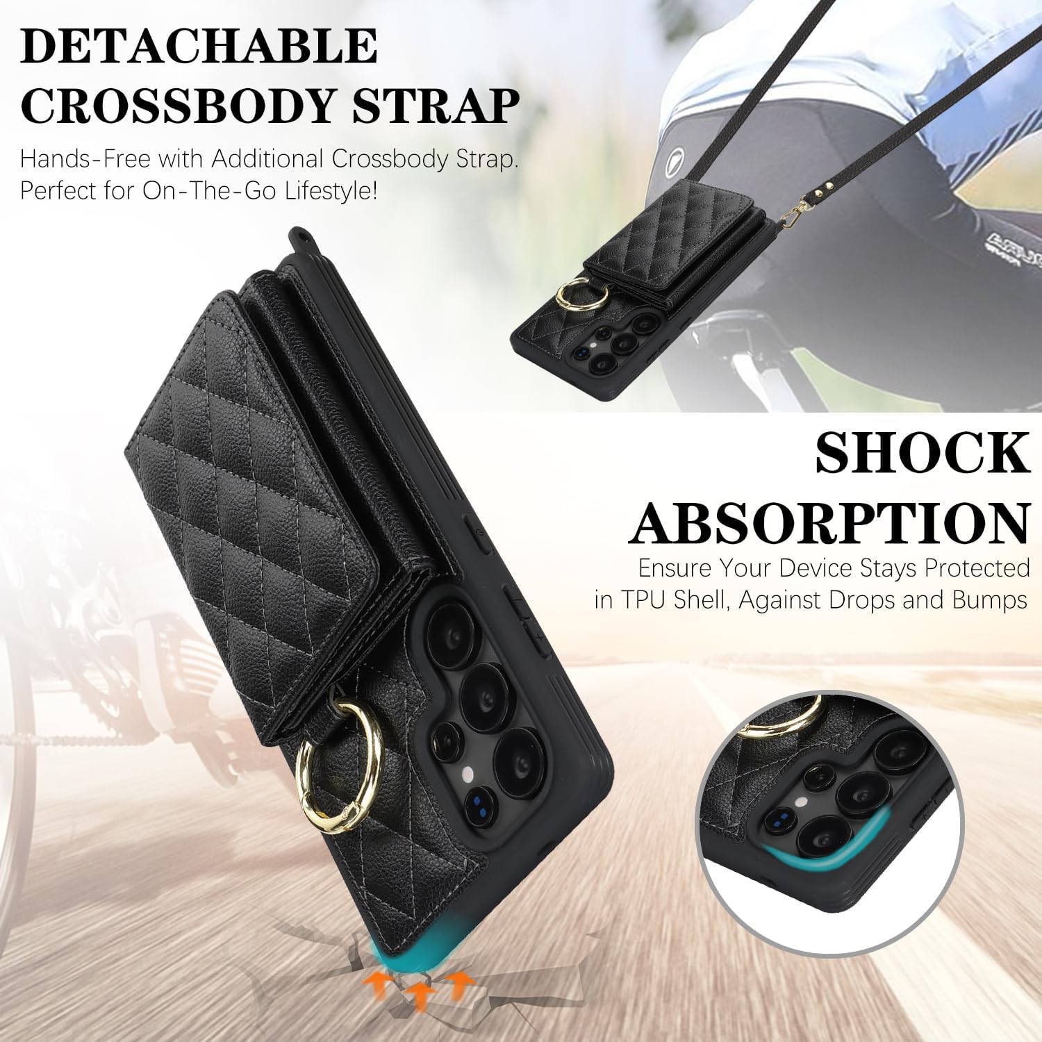 for Galaxy S25 Ultra Case with Card Holder and Strap for Women,Crossbody Lanyard, Make Up Mirror,Ring Stand,Snap Clasp,Cute Phone Wallet Cases 6.9 inch - Black - Image 6