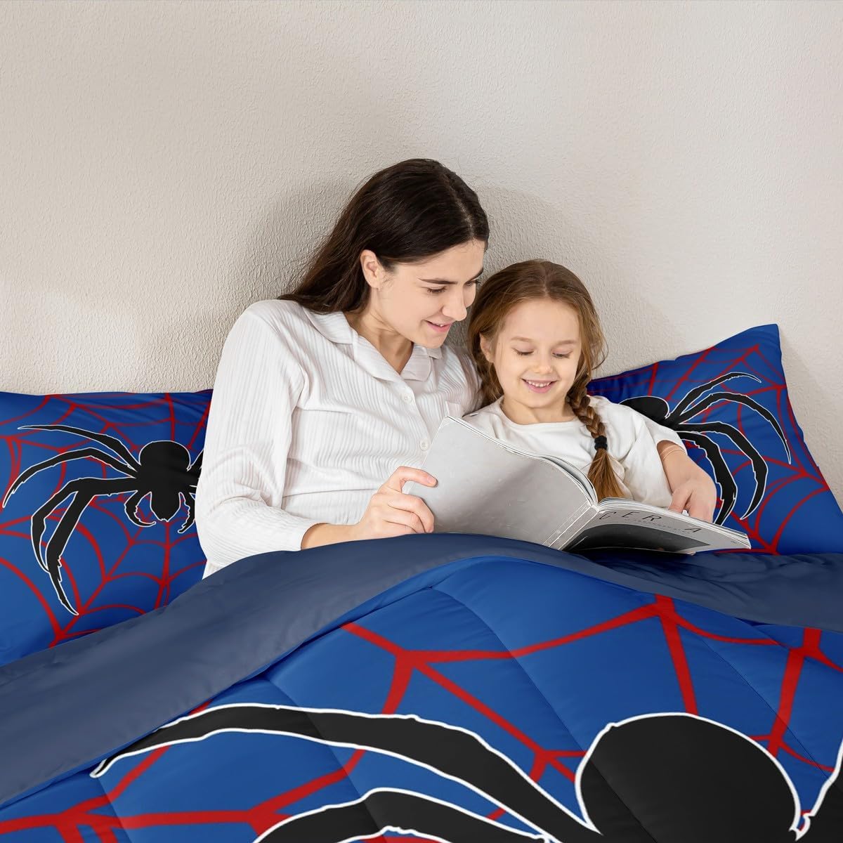 Spider Web Kids Comforter Set King Size,Black Spider Arachnid Insect Animal Bedding Set,Boys Girls Women Men Room Decor,Halloween Gothic Quilt Comforter,Red Blue Unique Duvet Insert,2 Pillowcases image 2