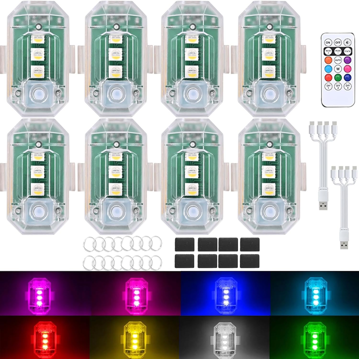 8PCS Wireless LED Strobe Lights with Remote Control, Upgraded to 350 mAh USB Rechargeable 8-Color High Brightness Waterproof Anti-Collision Warning Lights for Car, Motorcycle, Drone, Truck, Bike