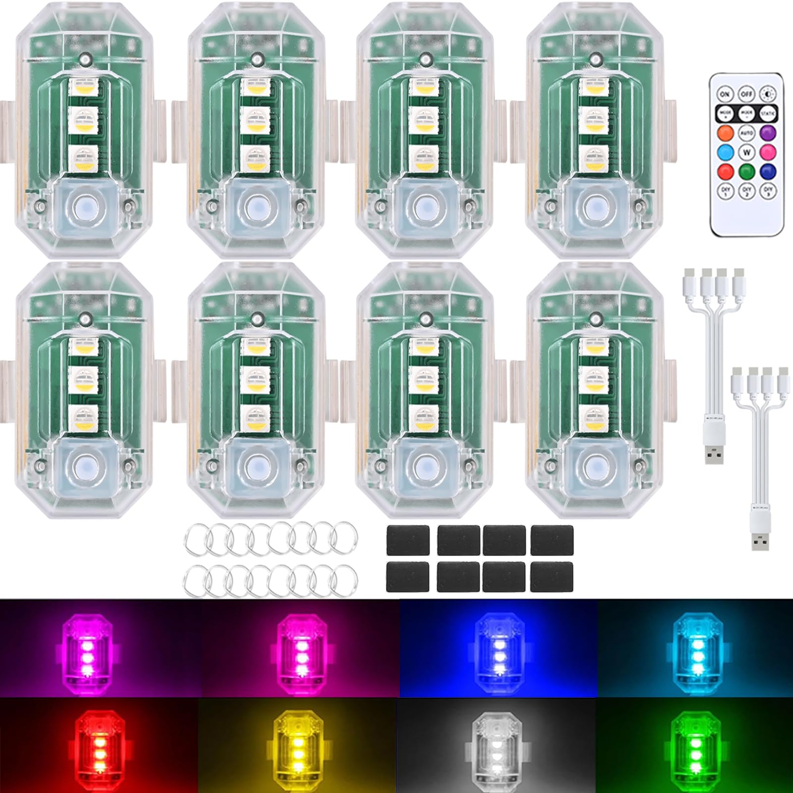 Photo 1 of 8PCS Wireless LED Strobe Lights with Remote Control, Upgraded to 350 mAh USB Rechargeable 8-Color High Brightness Waterproof Anti-Collision Warning Lights for Car, Motorcycle, Drone, Truck, Bike