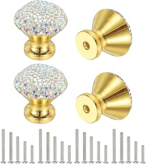 uxcell Drawer Knobs,4Pcs 1.1 Inch (28mm) Diameter Bling Diamond Decoration Cabinet Knob, Round Rhinestones Pull Handle with Screws for Home, Office, Kitchen (Gold Base + AB Diamond)